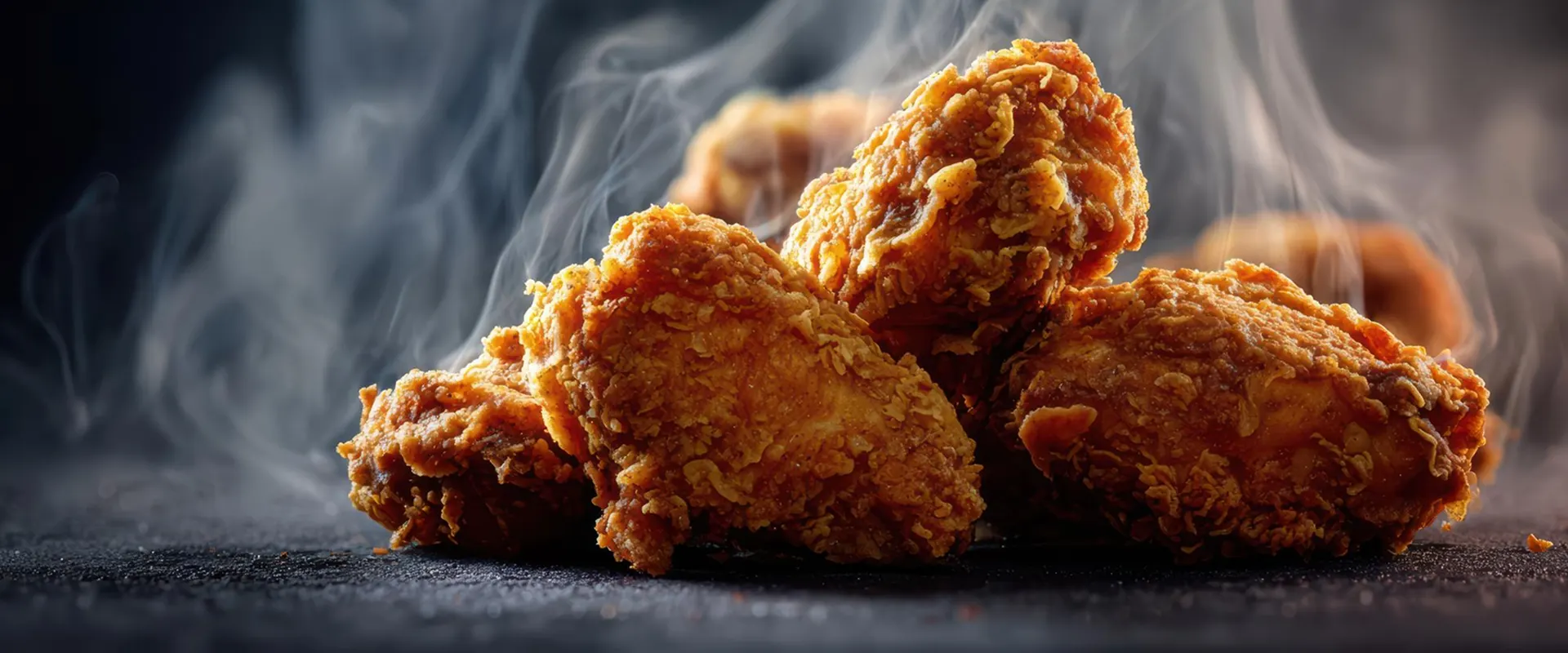 Presas de pollo broaster recién salidas, humeantes